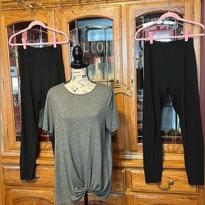 Lot (3) 2 Pair Black Stretchy Leggings & Knotted Top 🍀